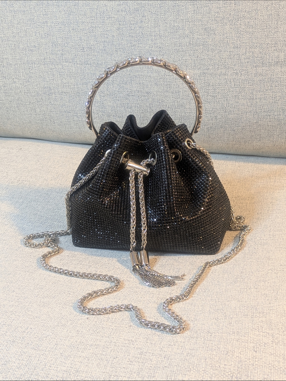 Black Rhinestone Bucket Bag Crystal Handle Chain Strap Evening Mini Purse
